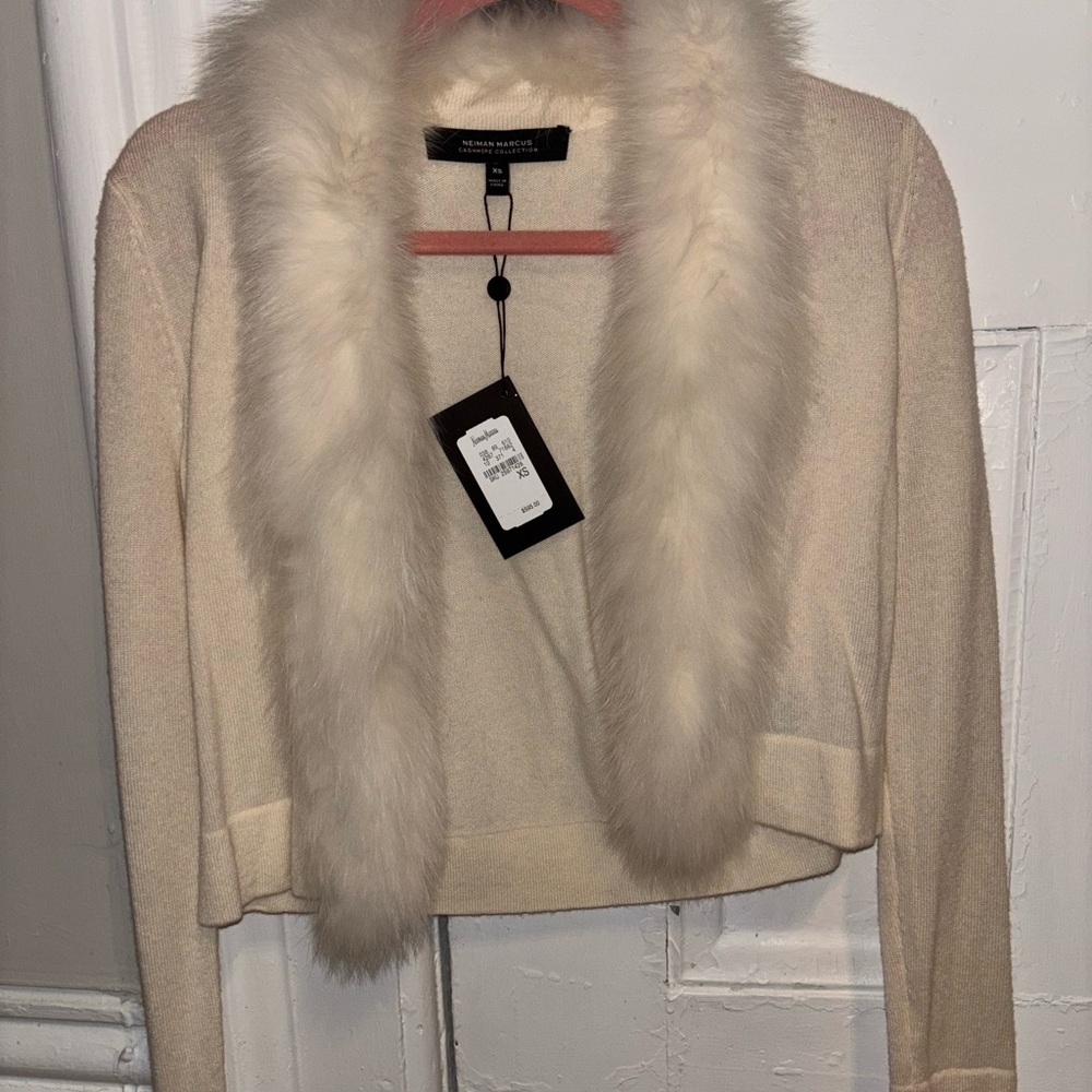 Neiman Marcus Cashmere Cream Cardigan with Fox Fur Trim